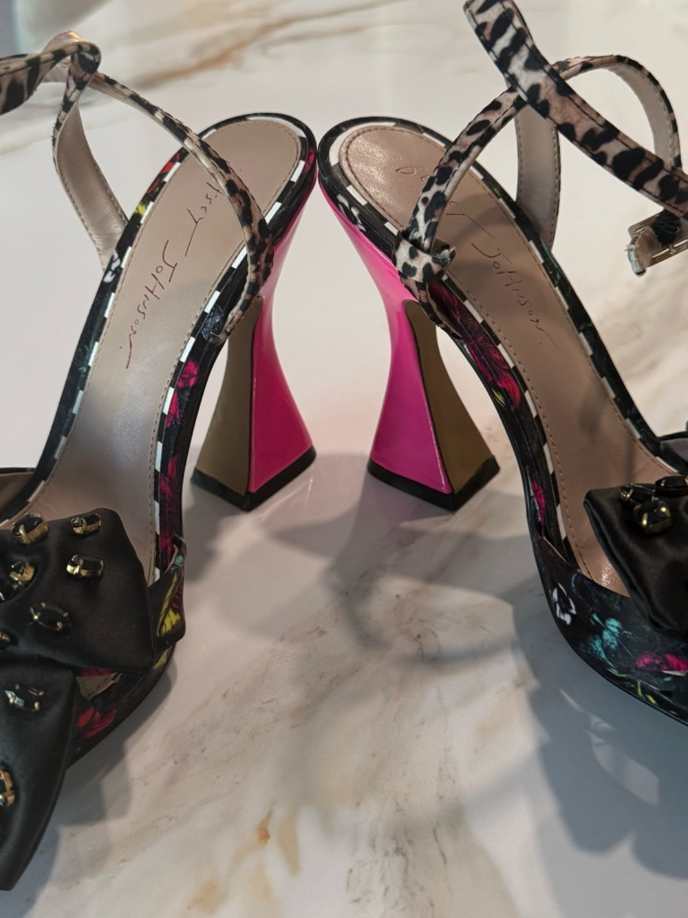 Betsey Johnson Black Beaded Bow Leopard-Ankle Sandals with Hot Pink Heel - Picture 2 of 6